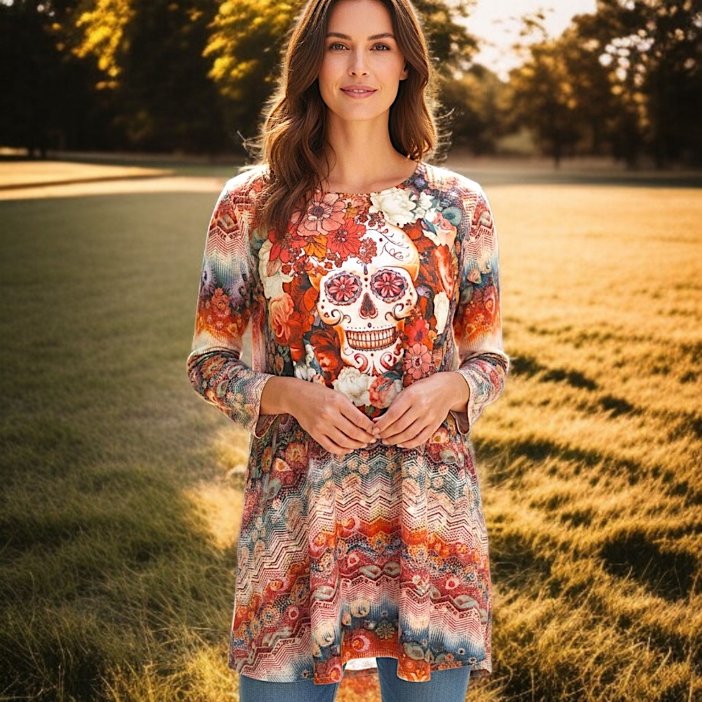 One‎ World Sugar Skull Tunic L Sublimated Top Boho Gothic 3/4 Sleeve Asymmetric